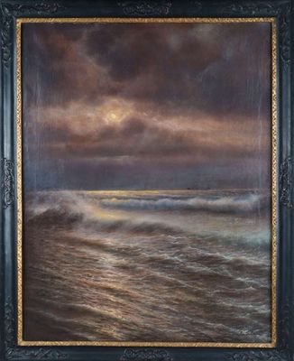 an oil painting of a sunset over the ocean with waves