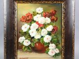 an oil painting of a vase of flowers on a table