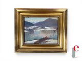 une peinture à l'huile représentant un paysage enneigé avec des montagnes en arrière-plan
