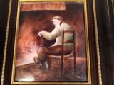 a painting of a man sitting in a chair with a cane