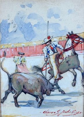 un tableau représentant un homme à cheval poursuivant un taureau
