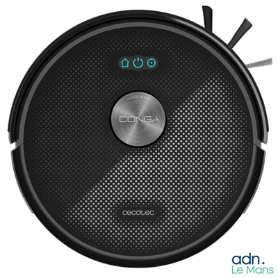 a close up of a robotic vacuum cleaner on a white background