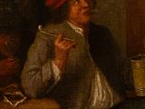 painting of a man sitting at a table smoking a cigarette