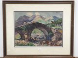 framed watercolor painting of a stone bridge with sheep on it