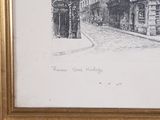 drawing of a street scene with a clock and buildings in the background