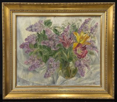 peinture représentant des fleurs dans un vase posé sur une nappe