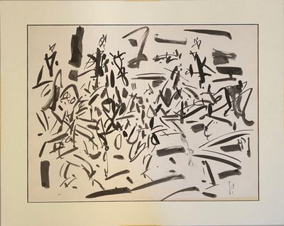 a black and white picture of a painting on a wall