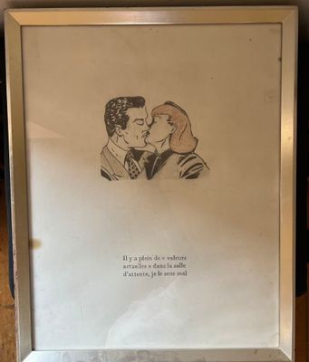 a drawing of a man kissing a woman on the forehead