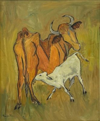 tableau représentant deux vaches et une chèvre dans un champ d'herbe