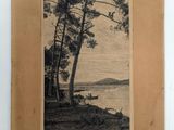 un vieux dessin représentant un bateau sur un lac, avec des arbres au premier plan