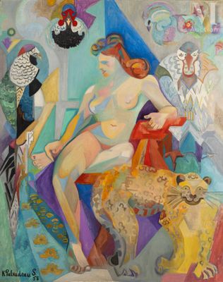 une peinture à l'huile représentant une femme assise sur une chaise, avec un chien devant elle