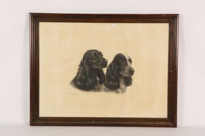 painting of two dogs sitting in front of a white wall