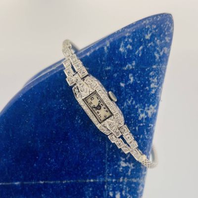 a close up of a diamond watch on a blue vase