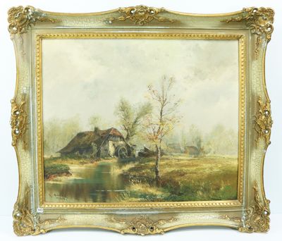 une peinture à l'huile d'un paysage avec une maison au loin