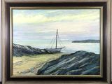 an oil painting of a sailboat on the shore of a beach