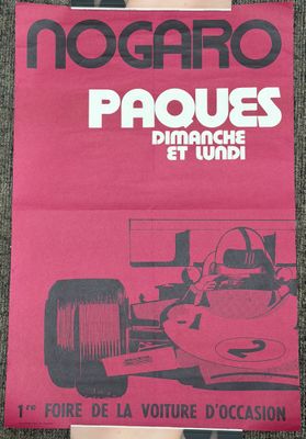 a pink poster with a picture of a racing car on it