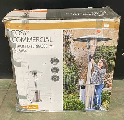 a box that has a picture of a woman standing next to a gas heater