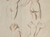 three sketches of a woman standing, seated, standing, and standing