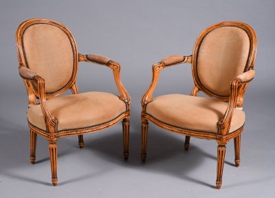pair of louis xvi style carved wood armchairs
