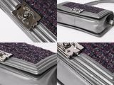 two photos of a silver purse with a silver handle and a silver purse with a silver handle