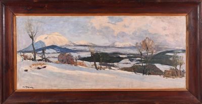 an oil painting of a snowy landscape with a mountain in the background