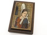 painting of a woman with a feather on her head in a wooden frame