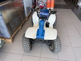 a small blue and white quad bike parked in a store