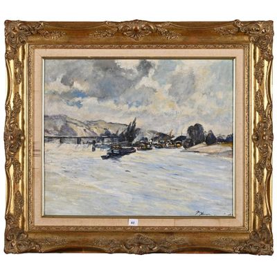 une peinture à l'huile représentant un paysage enneigé avec un village au loin