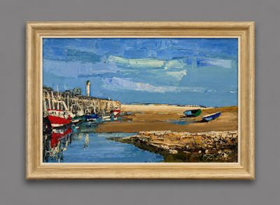 a painting of a painting of boats on the water