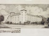 drawing of a large building with a clock tower on top of it