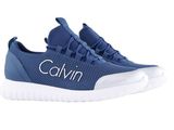 a picture of a blue and white sneakers with the word calvin on it