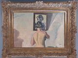 un tableau représentant une femme debout devant un miroir