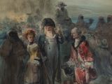 une peinture représentant un groupe de personnes marchant dans la rue