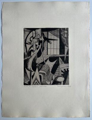 a black and white drawing of a woman in a room