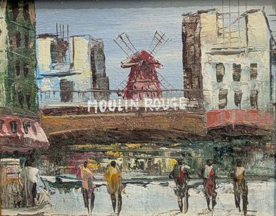 un tableau représentant des personnes marchant dans une rue, avec un moulin à vent en arrière-plan