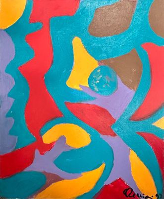 tableau représentant une peinture abstraite aux couleurs vives : rouge, jaune, bleu et vert