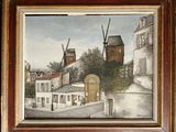 painting of a windmill in a village with buildings and a gate