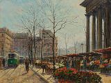 a painting of a street scene with people walking down the street