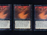 trois paquets de cartes de Magic : The Gathering posés sur une surface noire