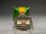 silver and gold medal with green ribbon on display on white surface