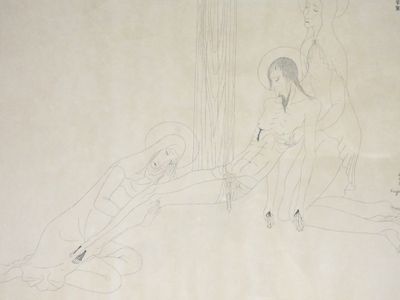 drawing of a group of people sitting on the ground in front of a window