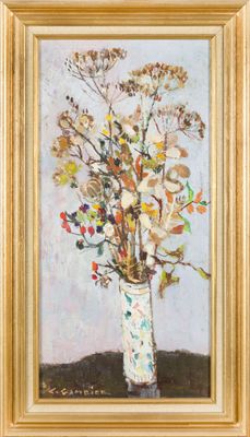 une peinture à l'huile représentant un vase avec des fleurs sur une table