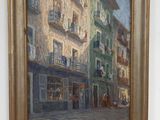 a painting on the wall of a building with a clock on it