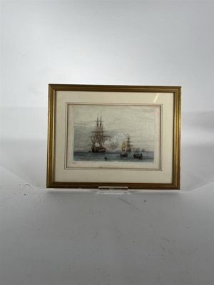 tableau représentant deux navires sur un plan d'eau, dans un cadre doré