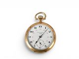 pocket watch on a white surface with a white background