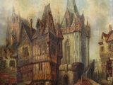 tableau représentant une scène urbaine avec un château en arrière-plan