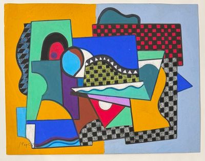 painting of a painting of a person with a hat and a checkered cloth