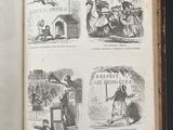an open book with pictures of people and animals on it