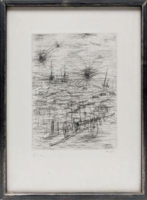 un dessin en noir et blanc représentant un bateau sur un plan d'eau