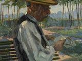 un tableau représentant un homme assis sur un banc en train de lire un livre
